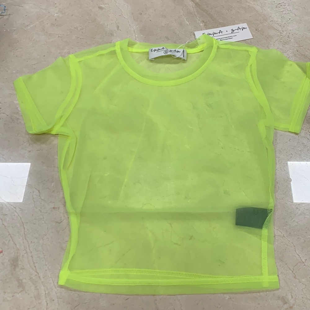 EMMA & SAM MESH CROPPED SHORT SLEEVE TOP LAYERING IN NEON LEMON SZ SMALL - Picture 8 of 14